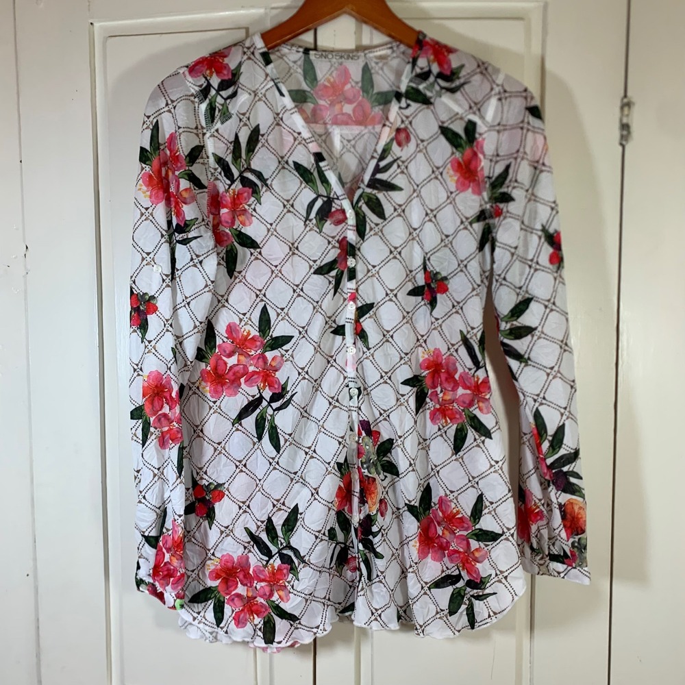 SnoSkins Womens Small Floral Fruit Lattice Button Down Top Semi Sheer USA Made